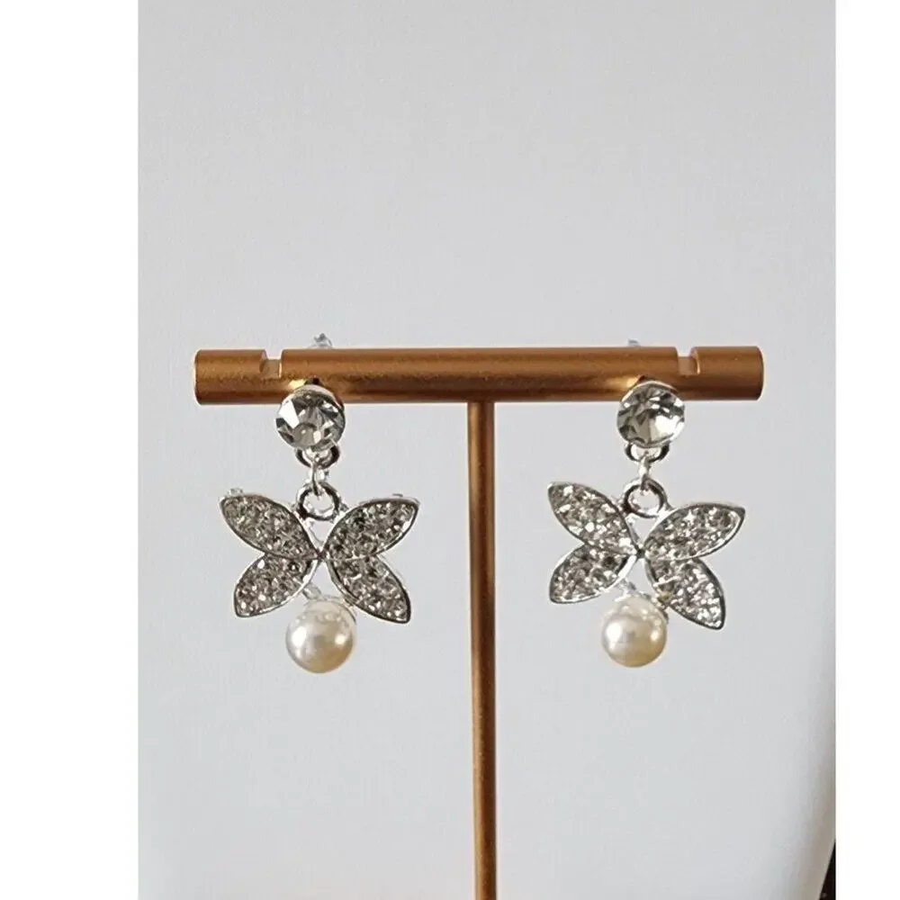 Faux Pearl and Rhinestone Butterfly Necklace & Earrings Set Wedding Prom Pretty